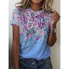 Женская футболка с цветочным принтом, повседневная, с коротким рукавом, круглым вырезом, обычные топы, повседневный принт, розовый, синий, зеленый, лето