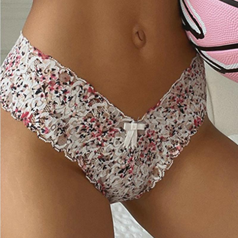 French Romantic Print Lace Thong Women's Sexy Solid Color Briefs Seamless One Piece Beach Panties V-String Underwear EMA