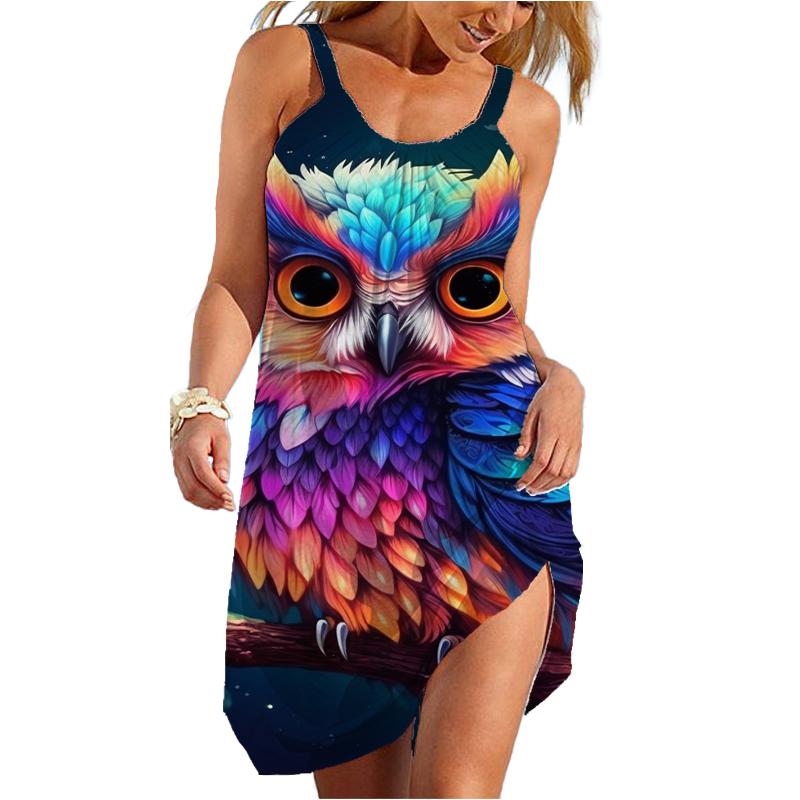 Летнее Новое Пляжное Платье с 3D Принтом Совы, Гавайское Сексуальное Платье с Рукавами на Плечах, Летнее Платье Traf, Платье с Цветами для Женщин