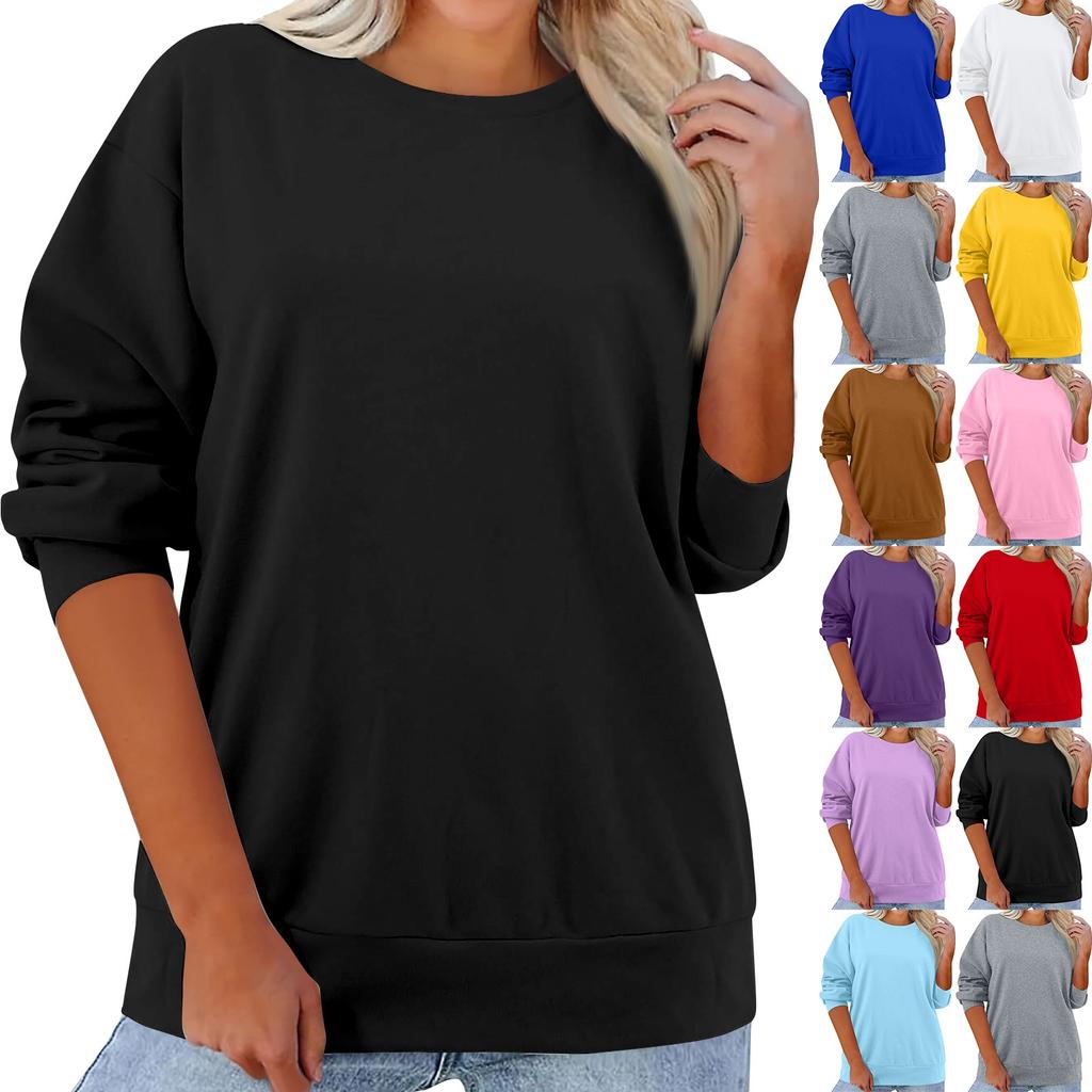 Women's Fashion Casual Round Neck Loose Long Sleeve Solid Color Sweatshirt