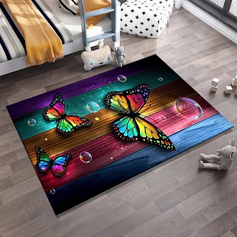 Colorful Butterfly Pattern Carpet with Wooden Background Design Suitable for use as an anti-slip for living room bedroom sofas