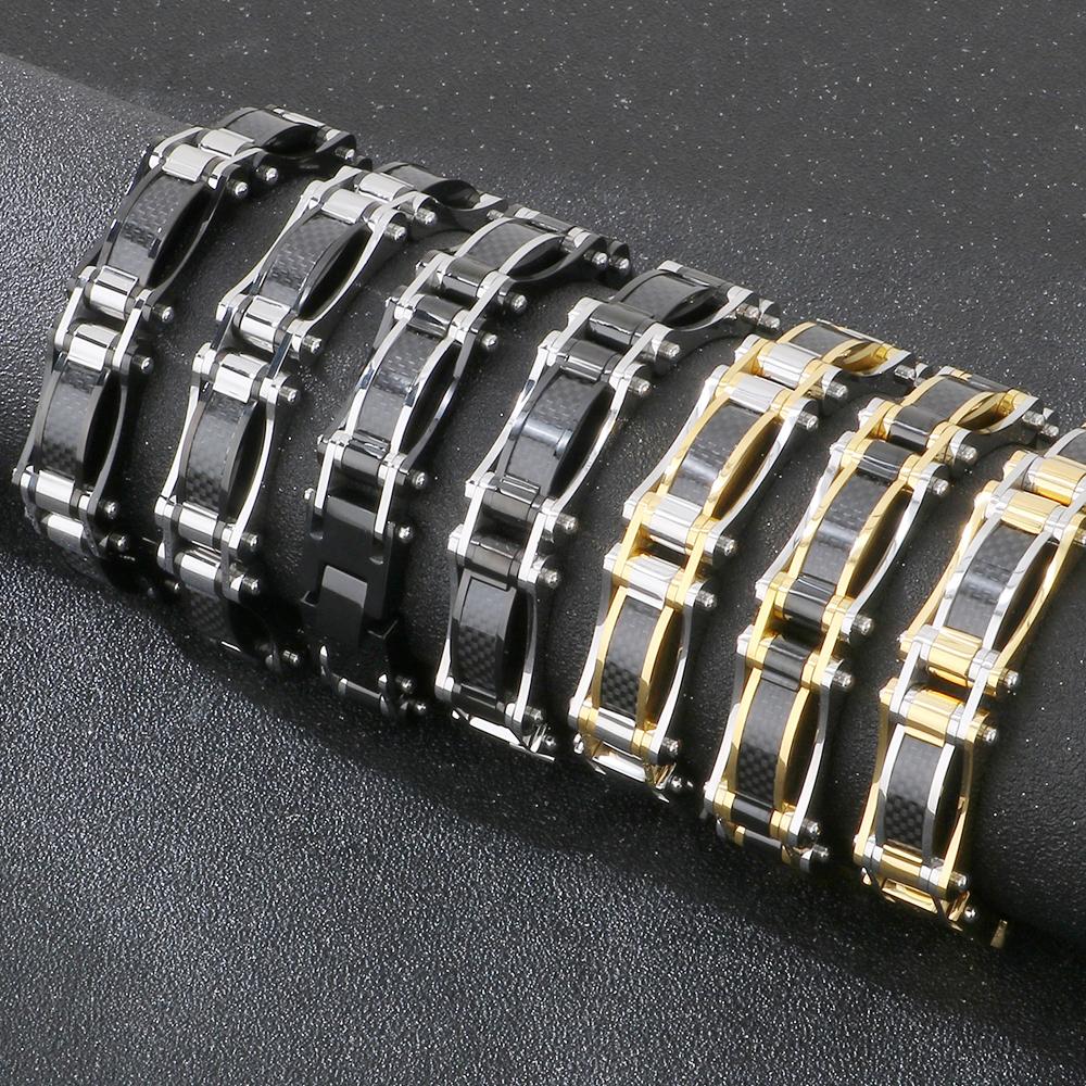 15MM Width Black Fibre Motorcycle Chain Man Bracelet for Men Casting Gold Color 316L Stainless Steel Men's Bracelets & Bangles