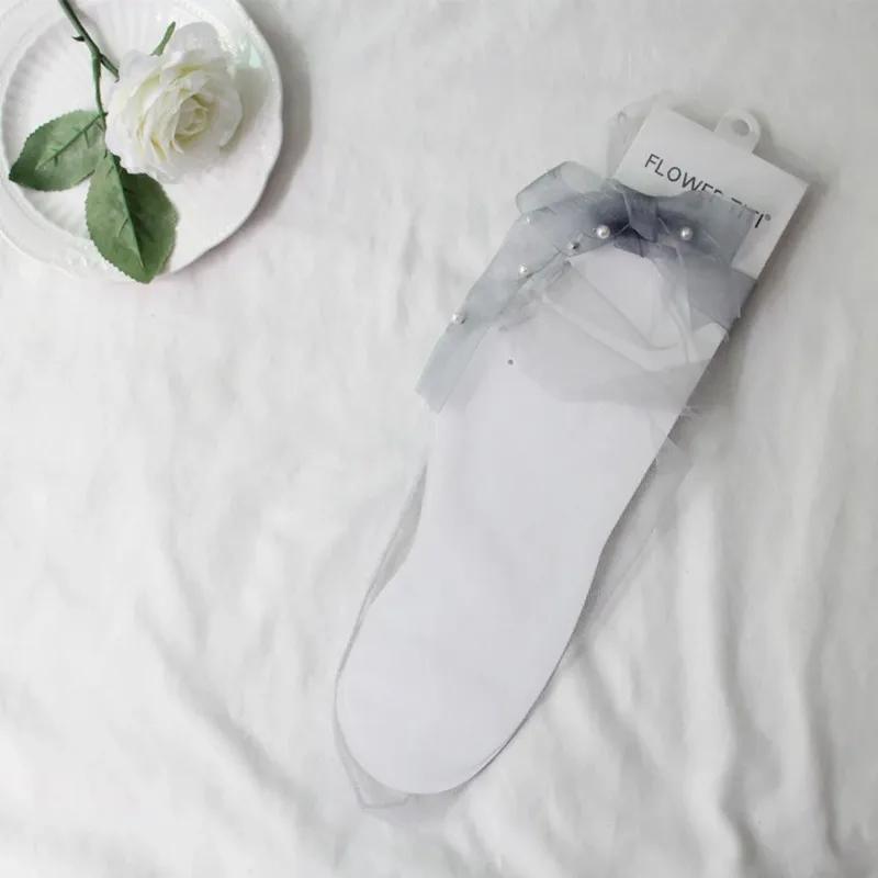 Summer Ultra-Thin Tulle Socks Women Transparent Pearls Long Socks Female Chiffon Lace Up Funny Socks Streetwear