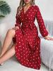 V Neck Printed Overlapping Dress Waist Hugging  Elegant Pleats Wave Point Dress for Women Long Sleeve Loose Dresses Causal Dress