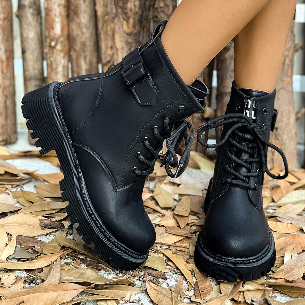 Мода женские модные армейские ботинки черные ботильоны на платформе со шнуровкой женские осенне-зимние пряжки нескользящие ботинки из искусственной кожи 2024
