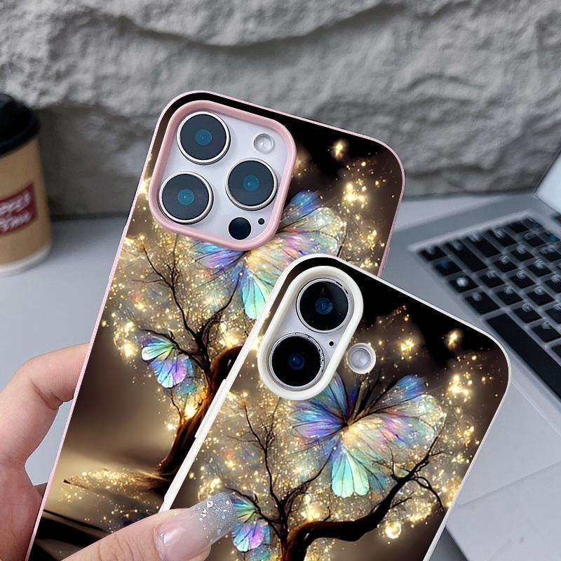 Для iPhone 17 Pro Max Чехол Роскошный Сияющий Фантастическое Дерево Узор Бабочки Кожаная Текстура Силиконовая Крышка Для iPhone 16 Pro Max 15 14 13 12 11 16E Air
