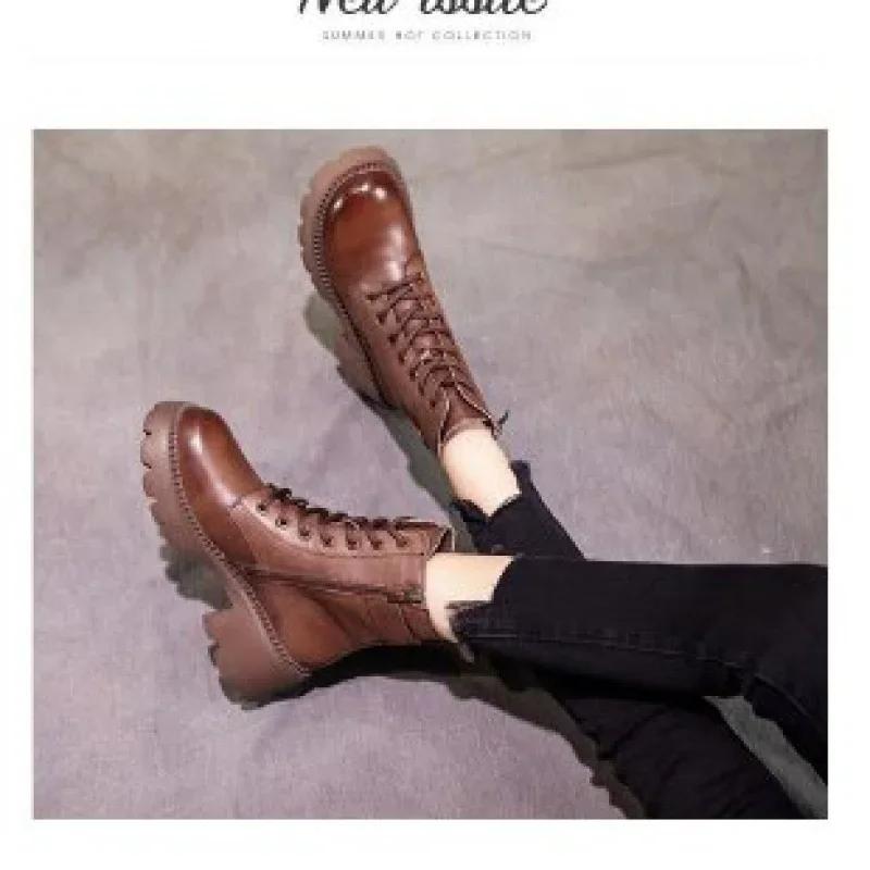 Fashion Genuine Leather Women Boots Zip Round Toe Shoes for Women Concise Leisure Sewing Platform Boots Botas Altas Plataforma Mujer