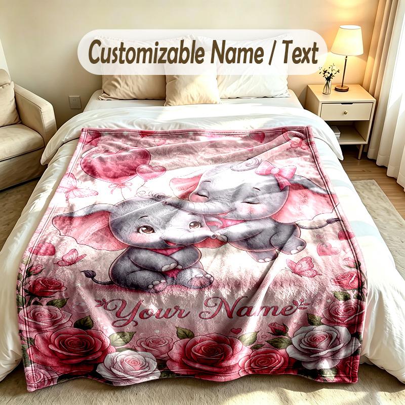 Elephant Theme Soft Blanket Personalized Custom Name Text Print Warm Blanket Home Sofa Bedroom Decor