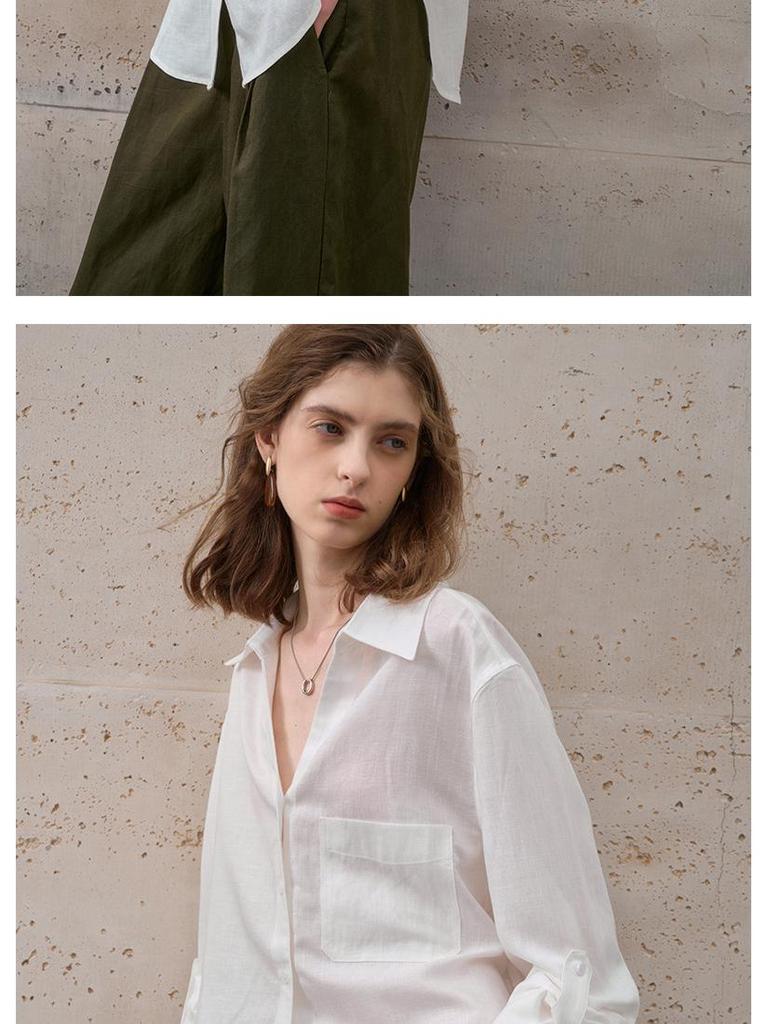 Женский легкий кардиган-рубашка с длинным рукавом из чистого льна - Минималистичный, однотонный, свободного кроя, летний стиль с лацканами
