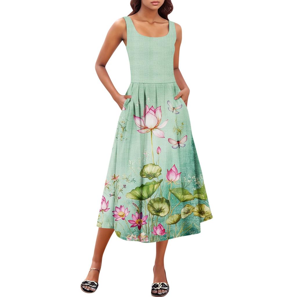 Women's  Summer Spring Casual Floral Sundress Sleeveless Beach Vacation Flowy Boho Tank Midi Dresses