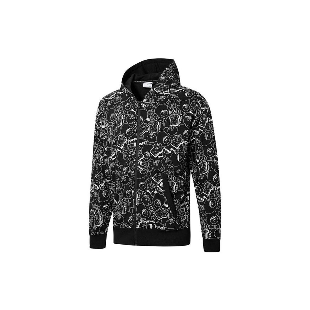 Puma Club Aop Fz Embroidered Logo Full Print Knit Hooded Jacket Men Outerwear Black 533201-51
