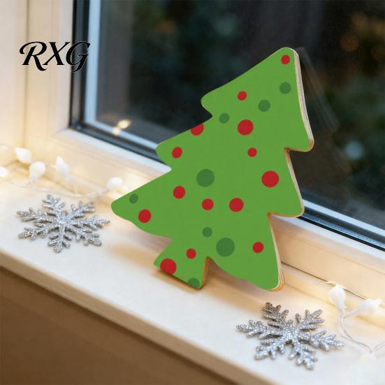 Waterproof Christmas Tree Ornaments Wooden Tabletop Decor, Plaid Polka Dots Xmas Wood Signs, Red Grid Pattern Decor Black Green Desktop Centerpieces