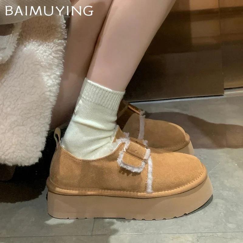 Женские зимние ботильоны на платформе, замшевые, меховые, на плоской подошве, повседневная обувь, короткие, плюшевые, зимние, хлопковые, тренд 2025 года, теплые, удобные, женские ботинки