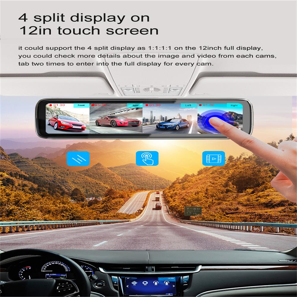 Панорамная приборная панель автомобиля DVR с обзором 360°, 12-дюймовым сенсорным экраном, 4-канальный FHD 1080P IPS-видеорегистратор, дисплей с 4 раздельными экранами