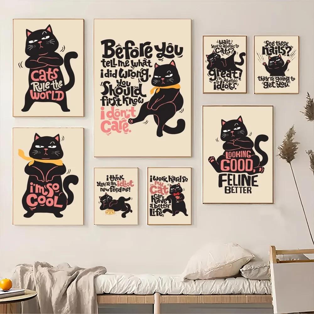 1PC Black Funny Cats Rule The World Print Poster Paper Waterproof HD Sticker Bedroom Entrance Home Living Room Bar Wall Decor