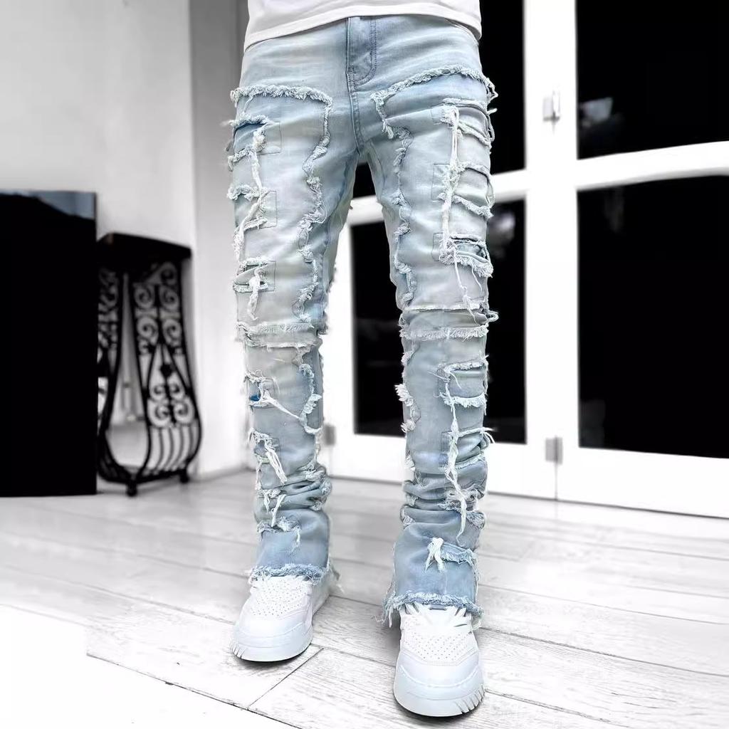 New Men's Denim Straight Leg Jeans Street Fashion Ins Colorful Stretch Patch Denim Straight Leg Jeans