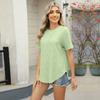 New Round Neck Back Button Jacquard Short Sleeve T-shirt Tops Women