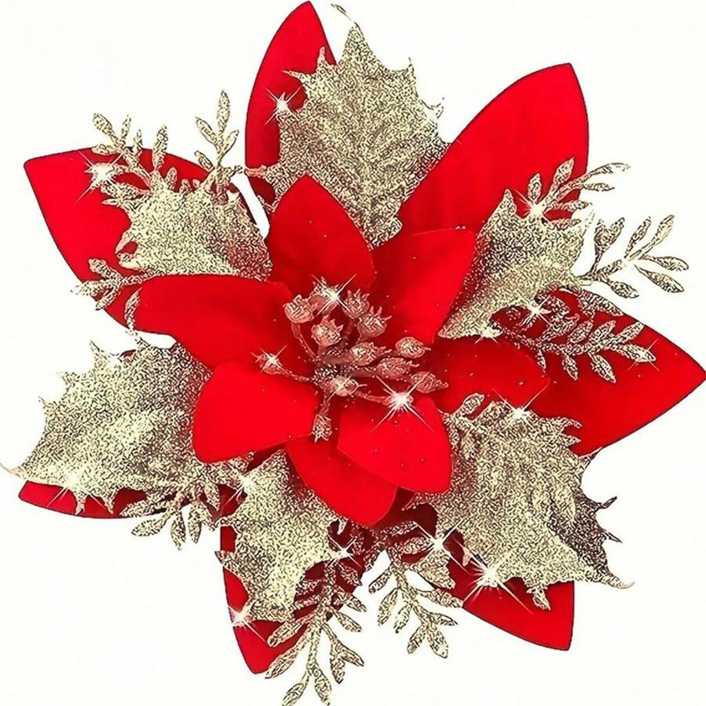 10 шт. Красные блестящие рождественские цветы, искусственная головка цветка пуансеттии, рождественская елка, украшение для дома, Новый год 2025 г.