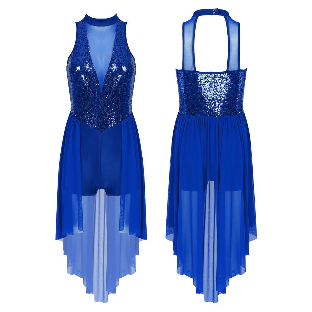 Женская танцевальная одежда с нерегулярным высоким низким низом и сетчатой ​​юбкой для лирического современного балета для девочек