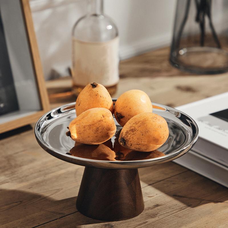 Деревянная основа легкая роскошная простая тарелка для фруктов из нержавеющей стали с высокими ножками