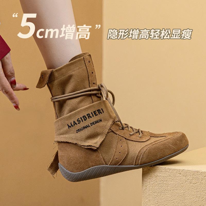 Canvas Martin Boots Women's New Summer Outdoor Hiking Shoes Inner Heightening Short Boots Wasteland Wind Spring and Autumn Medium Boots
