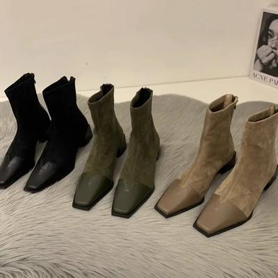 Новые осенне-зимние женские ботильоны Модные меховые замшевые на высоком каблуке Короткие ботинки Женская обувь Дамские элегантные с квадратным носком Римские ботильоны