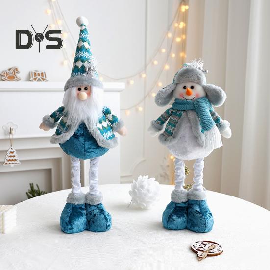 Christmas Doll Ornament Plush Standing Santa Claus Reindeer Snowman Figure with Telescope Leg Blue Gnome Doll Toy for Tree Fireplace Window Table