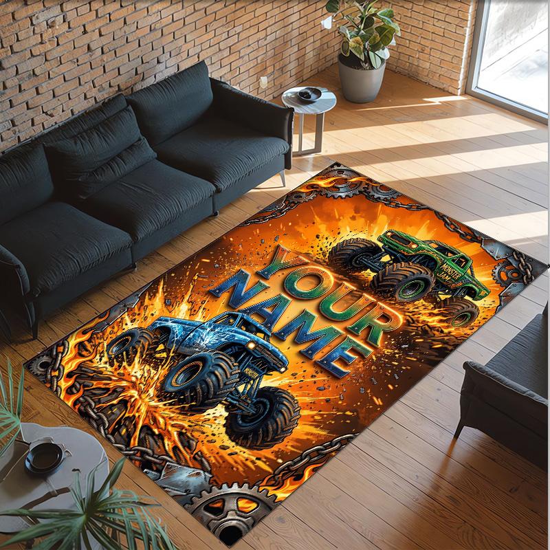Monster Truck Theme Crystal Velvet Rug Personalized Custom Name Text Soft Floor Mat Home Decor