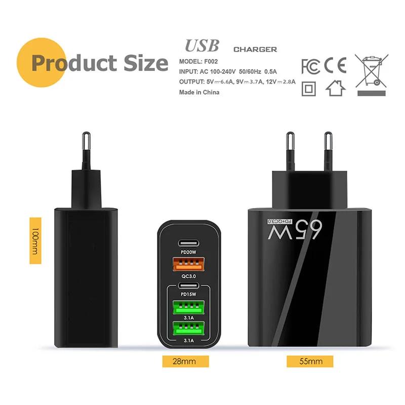 65 Вт PD зарядное устройство 5 В 7 А быстрая зарядка 5 портов USB для iPhone 13 12 Pro iPad Xiaomi Samsung телефонный адаптер типа C EU US UK вилка