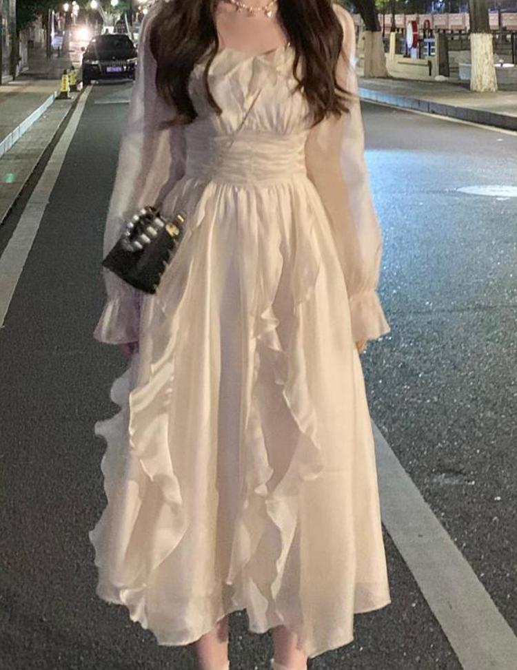 Элегантное милое платье феи, женское весенне-летнее платье миди с длинными рукавами, корейское винтажное однотонное платье с высокой талией