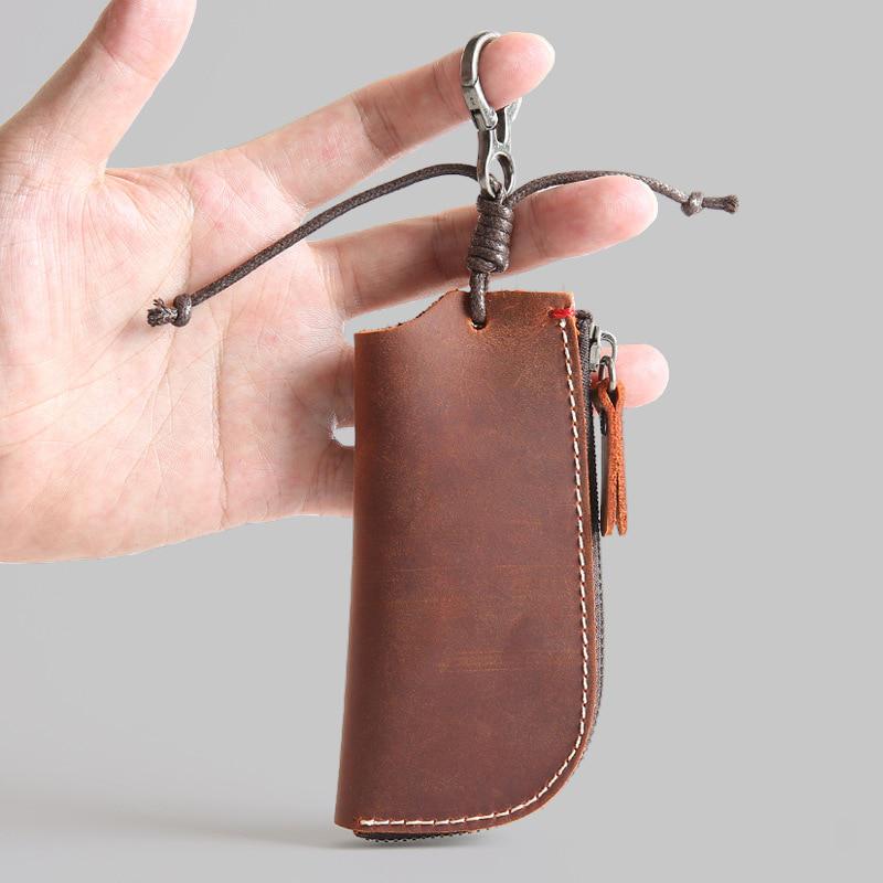 Genuine Leather Car Key Holder Keychain Covers Zipper Car Key Case Bag Men Housekeeper Keys Organizer