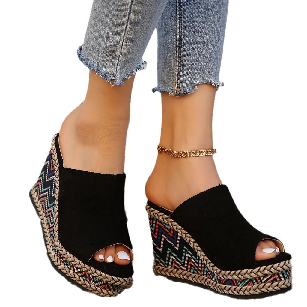 2024 Summer Foreign Trade New Round Head Fashion Color Europe and The United States Style One Word Women's Wedge Slippers