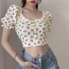 Летний топ с цветочным узором и вафельной сеткой, квадратным вырезом, рукавами-пузырьками и открытым пупком для женщин