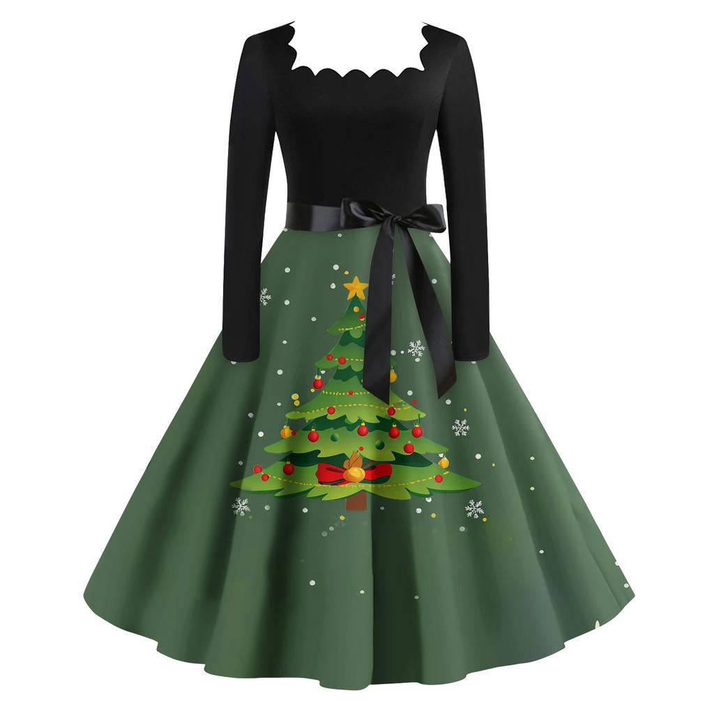 Women's Fashion Vintage Long Sleeve Square Neck Christmas Printed Evening Party Dresses Dresses