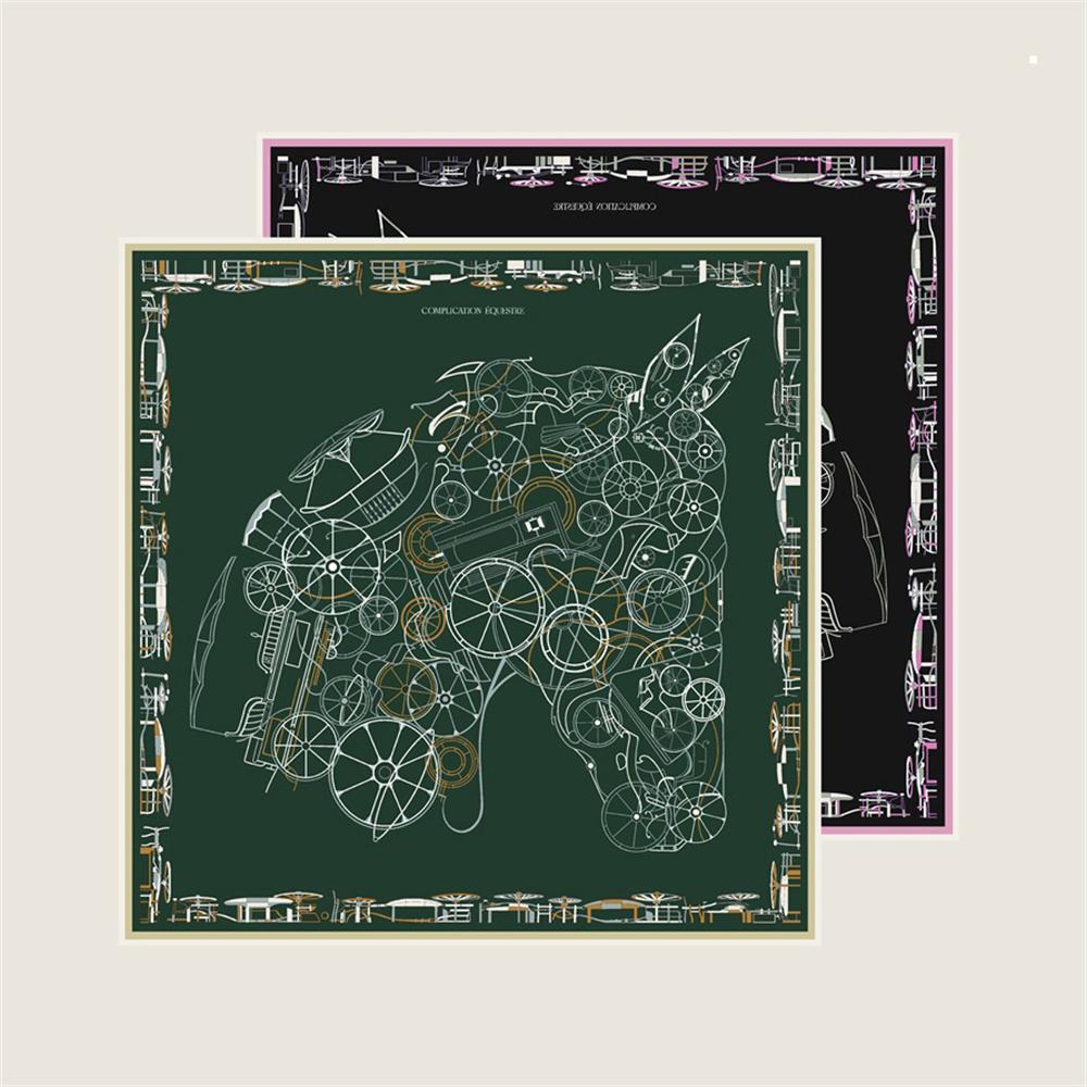 POBING Hand Rolled Twill Silk Scarf Women Horse Head Double Print Square Scarves Wraps Echarpes Foulards Femme Hijab 90CM