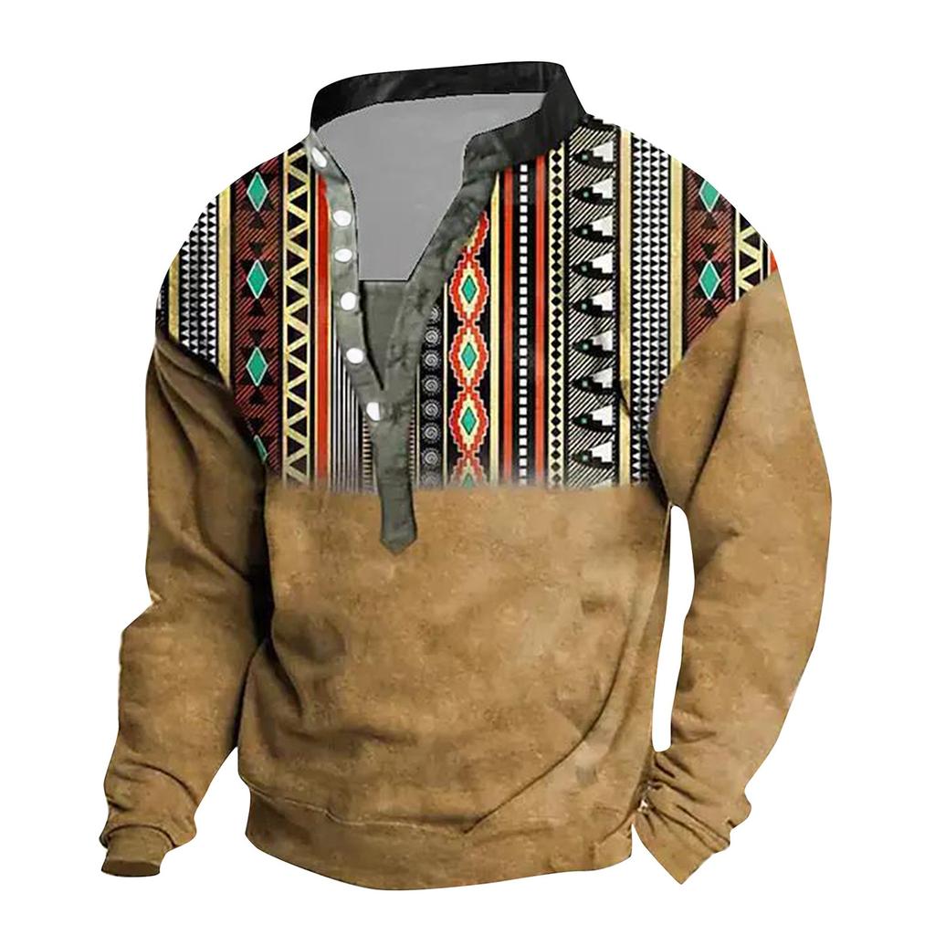 Мужской свитер с v-образным вырезом и воротником-стойкой с 3D цифровой печатью и винтажным воротником на 6 пуговицах