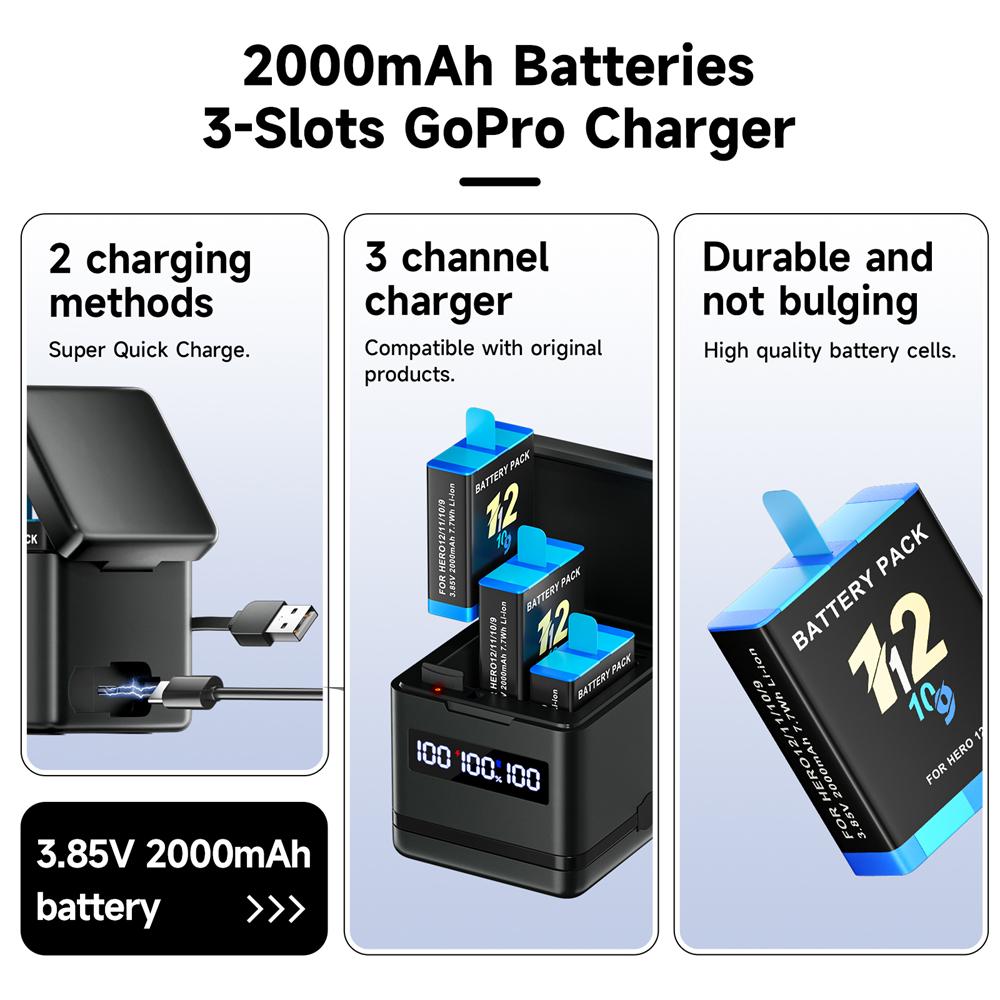 2000mAh Battery For Gopro Hero 9 10 11 12 Camera Battery with LCD 3-Slots Fast Charger Box For GoPro Hero12 11 Sport Cameras