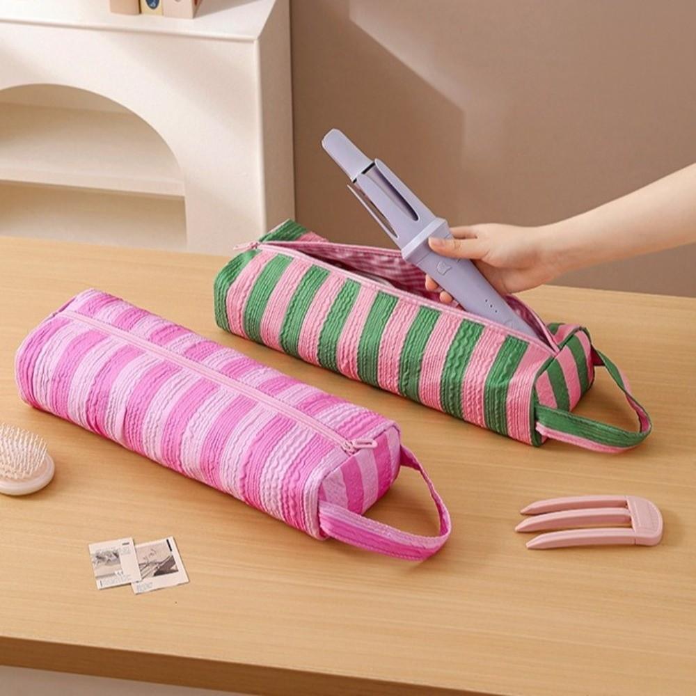 Large Capacity Hair Dryer Storage Bag Heat Resistan Stripe Design Curling Iron Storage Bag Portable Multi-Functional Makeup Bag