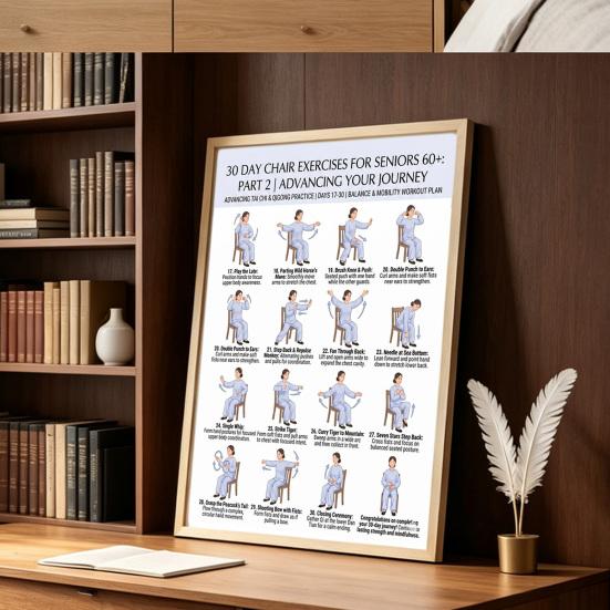 2Pcs Chair Exercise for Seniors 30-Day Plan Poster Seated Tai Chi Workout Chart for Elderly Low Impact Mobility Fitness