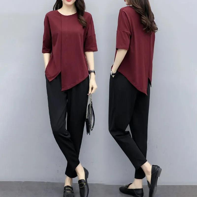 Женский летний комплект больших размеров для старения, тонкая футболка с круглым вырезом и брюками, повседневный комплект из двух предметов