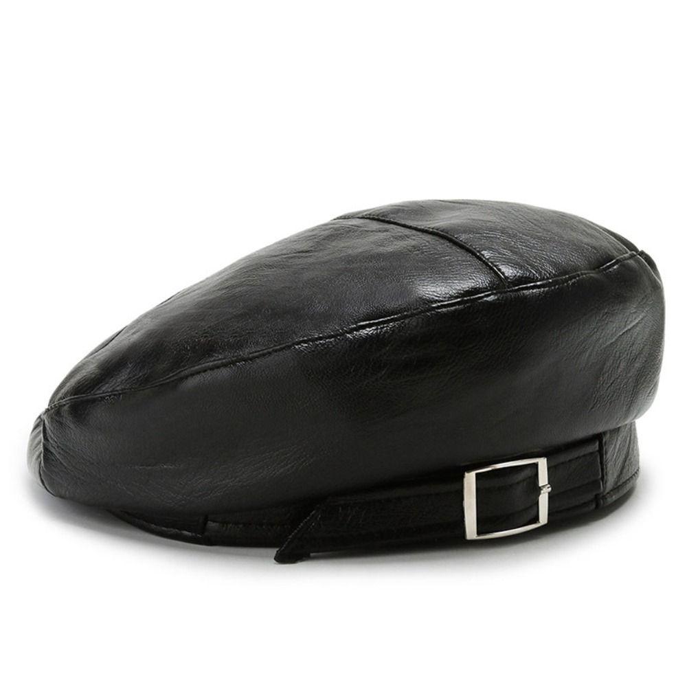 PU Leather Beret Hat Black Color Painter Hat Versatile Octagonal Cap Outdoor Casual