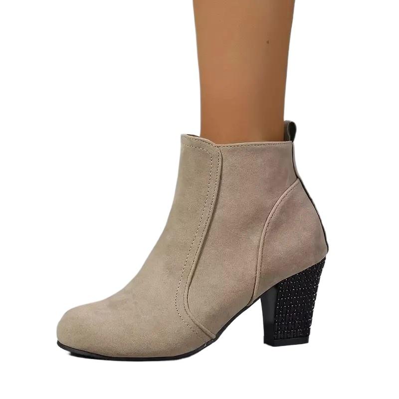 Мода 2024 года, весна и осень, новые однотонные туфли с круглым носком, модные туфли на высоком каблуке, удобные большие модные ботинки с боковой молнией, одинарные ботинки