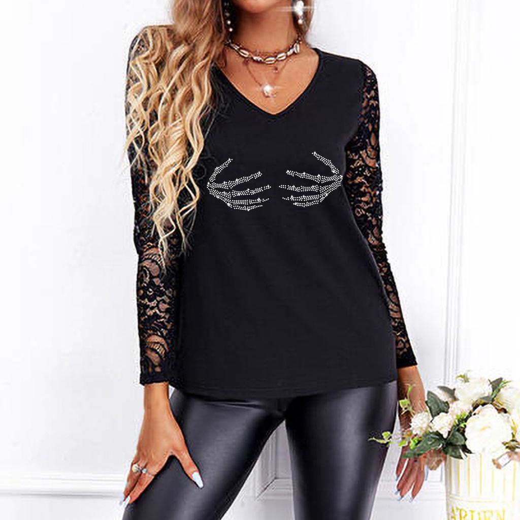 Женская сексуальная футболка с длинным рукавом и v-образным вырезом, кружевная модная футболка с принтом, пуловер, топы, блузка