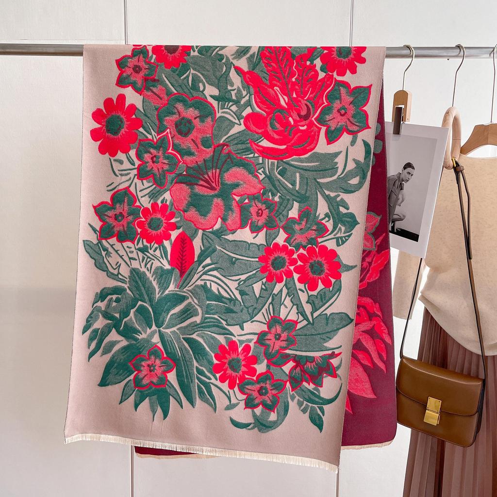 Double-Sided Imitation Cashmere Printed Scarf Women'S Warm Thickened Fringed Scarf Flower Blooming Rich Long Fashion Versatile Shawl