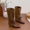 Retro pointed pleated piled boots women's new autumn and winter knee boots thick heel thin knight boots