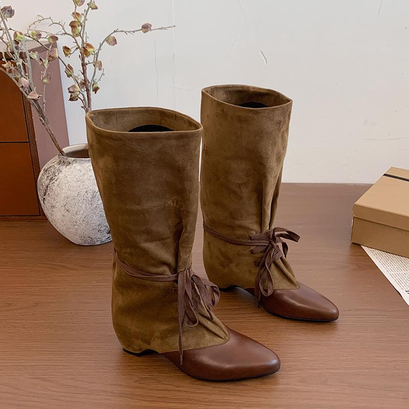Retro pointed pleated piled boots women's new autumn and winter knee boots thick heel thin knight boots