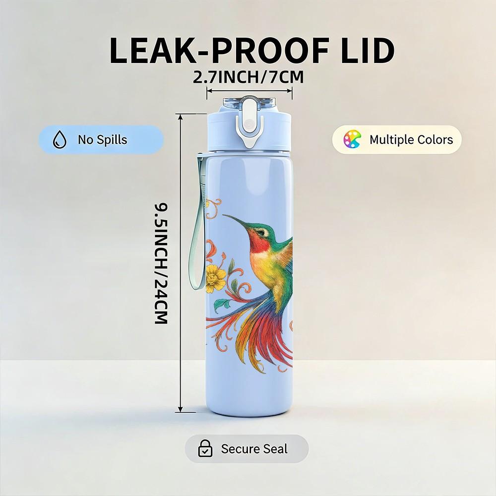 1PC Hummingbird Tropical Flower Print 750ml Color Plastic Sports Water Bottle Leakproof Flip Straw Lid Suitable for Sports Office Home Use