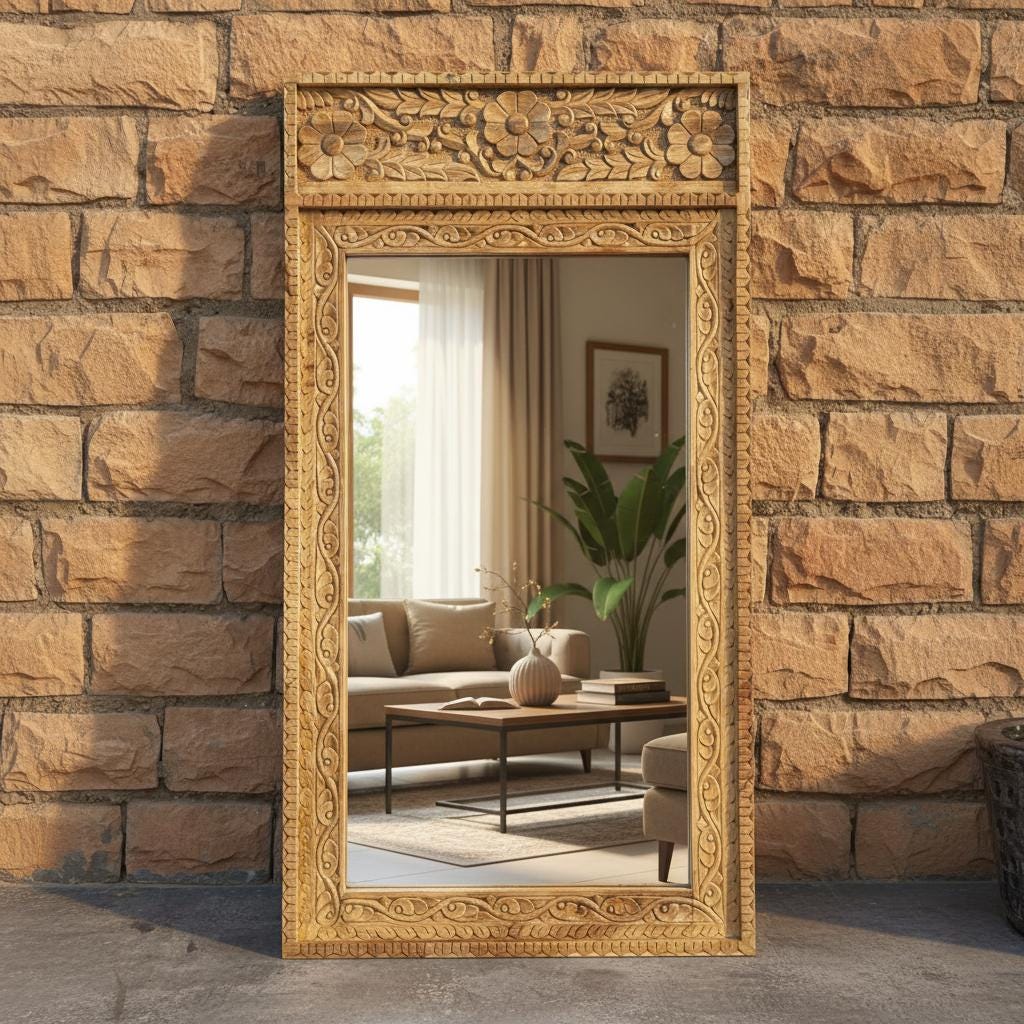 Wooden Carved Wall Mirror Decor-Bedroom Mirror Home Decor Wall-Carved Wooden Wall Mirror with Floral Design-Floral Frame Glass Mirror