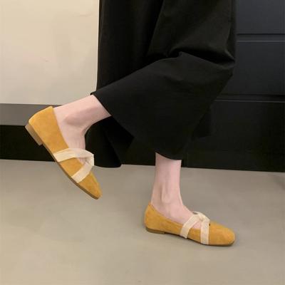 Французские туфли-лодочки на плоской подошве, вечерние туфли с нежным ветром, кружевная перекрестная застежка, неглубокий вырез, квадратный носок, замшевые, универсальные, для通勤, балетки, одинарные туфли, женские