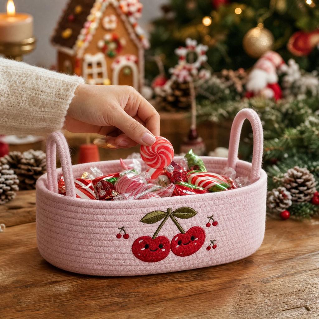 Cotton Rope Storage Basket with Embroidery, Desktop Cosmetic, Bathroom Toiletry Storage with Handles